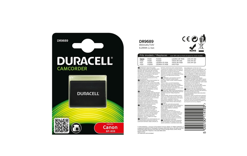 Batéria Duracell Canon BP-808 - 7.4v 850mAh - Li-Ion