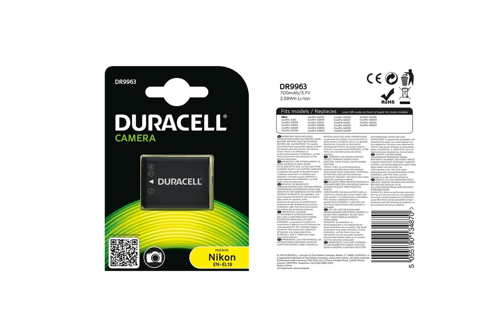 Batéria Duracell Nikon EN-EL19 -  3.7v 700mAh 2.6Wh - Li-Ion