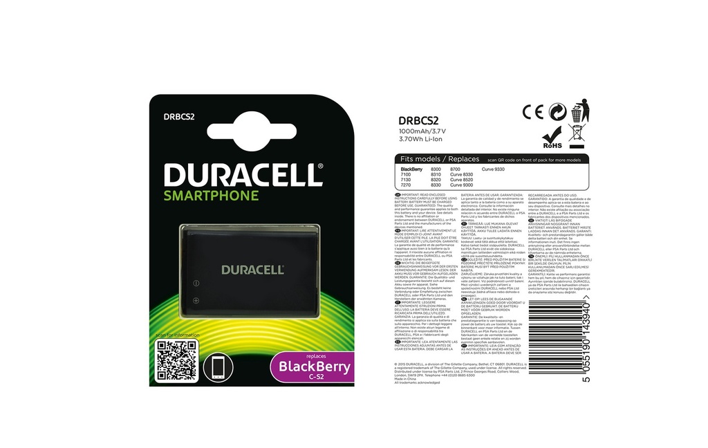 Batéria Duracell BlackBerry C-S2 - 3.7v 1000mAh - Li-Ion