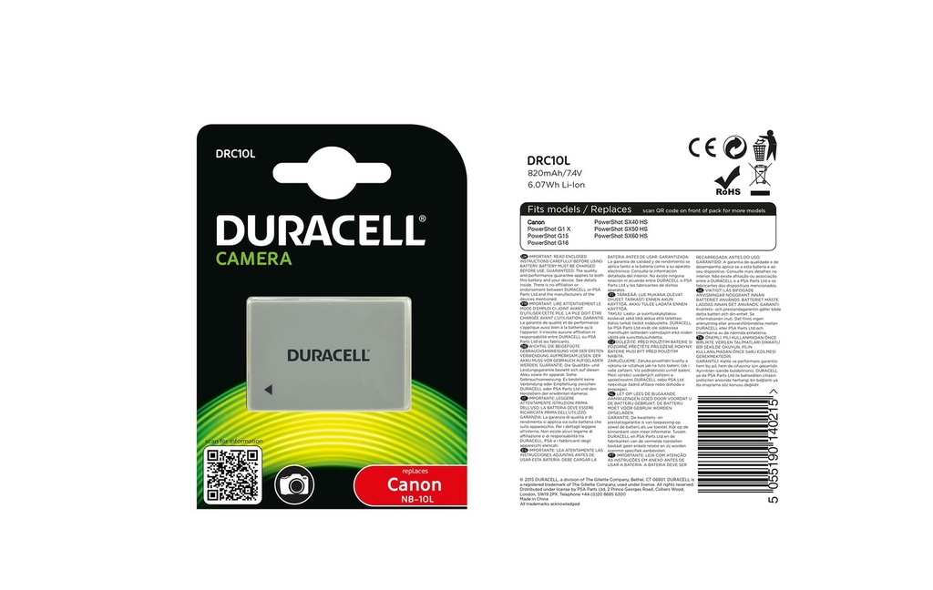 Batéria Duracell Canon Powershot G1 X, G15, SX40, SX50, NB-10L - 7.4v 820mAh - Li-Ion