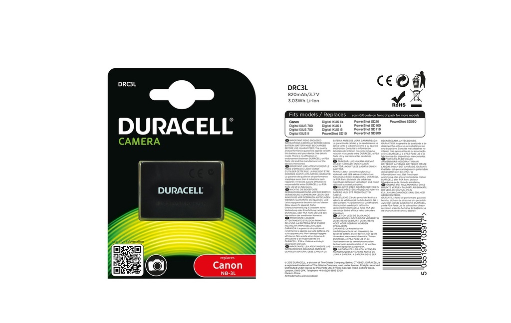 Batéria Duracell NB-3L - 3.7v 820mAh - Li-Ion